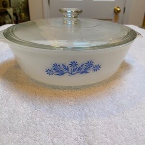 Vintage Anchor Hocking Blue Flower Casserole Dish with Lid.